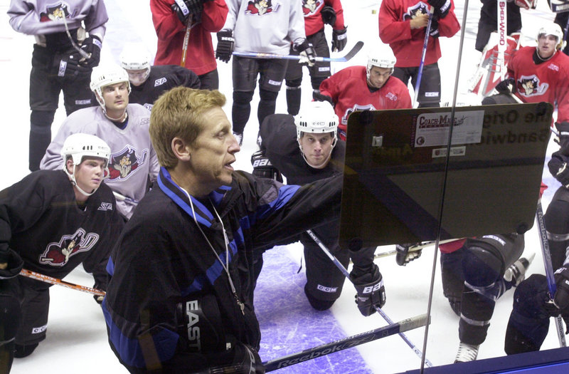 Washington Capitals, 1993-2005: Glen Hanlon, then coach of the Pirates, leads a practice at the Cumberland County Civic Center in 2004.