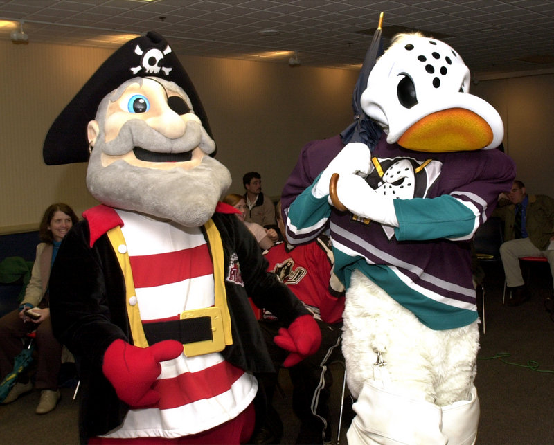 Anaheim Ducks, 2005-2008: Pirates' mascot Salty Pete hams it up with the Anaheim Ducks mascot in 2005.