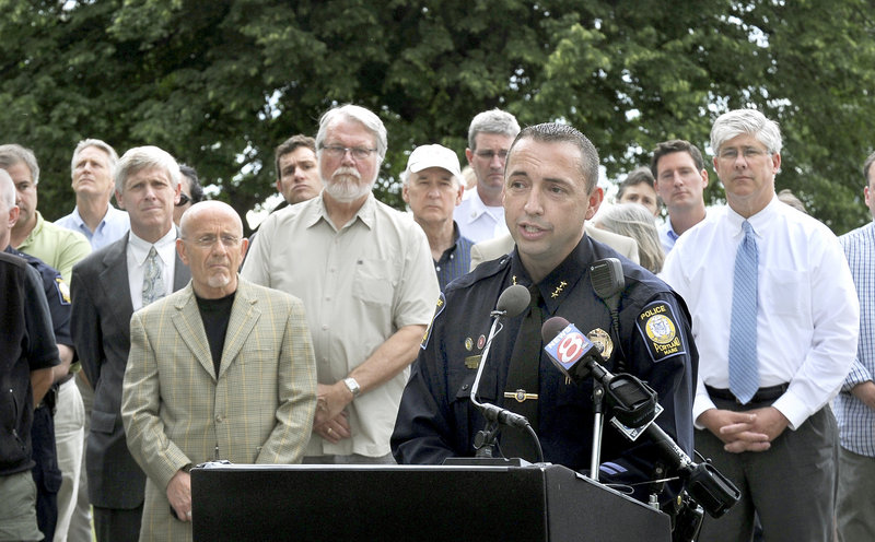 Community members taking a public stance against domestic violence Thursday included Drew Wing, executive director of Boys to Men; Portland Schools Superintendent Jim Morse; Assistant Police Chief Michael Sauschuck; Michael Bourque, incoming president of the Portland Community Chamber of Commerce; and former Attorney General Steve Rowe.