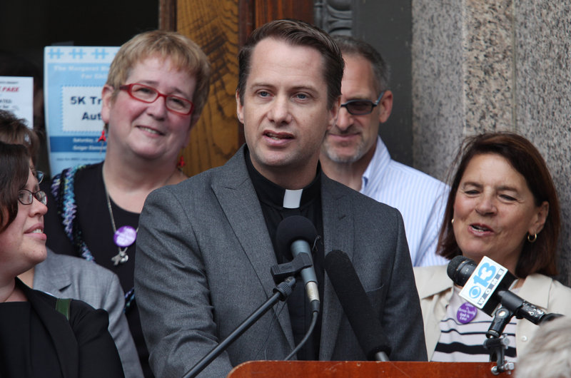 The Rev. Michael Gray, a United Methodist pastor in Old Orchard Beach, speaks Thursday at a news conference in Lewiston, where it was announced that gay marriage supporters are laying the groundwork for another referendum on the issue. Supporters are planning to collect 57,000 signatures to get the question on the ballot in November 2012.