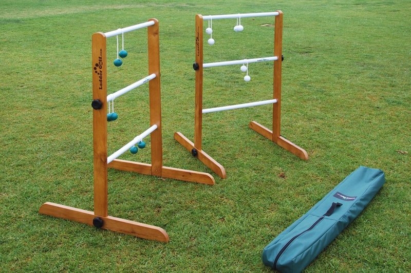 This Ladder Golf set comes with two ladders, six bolas and a carrying case. Do-it-yourselfers can build their own ladder toss sets using PVC pipe and rubber balls.
