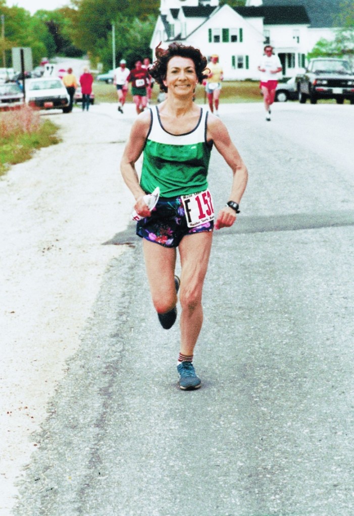 Francine Currier is seen running in the Maine Coast Marathon in 1985. Mrs. Currier took up running when she was 40, and turned it into a 30-year passion, including a number of marathons and triathlons.