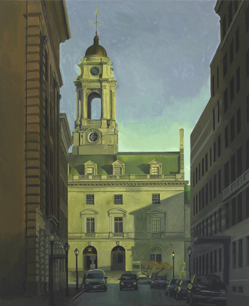 Thomas Connelly’s “City Hall,” oil on panel, is one of the artist’s Portland scenes.