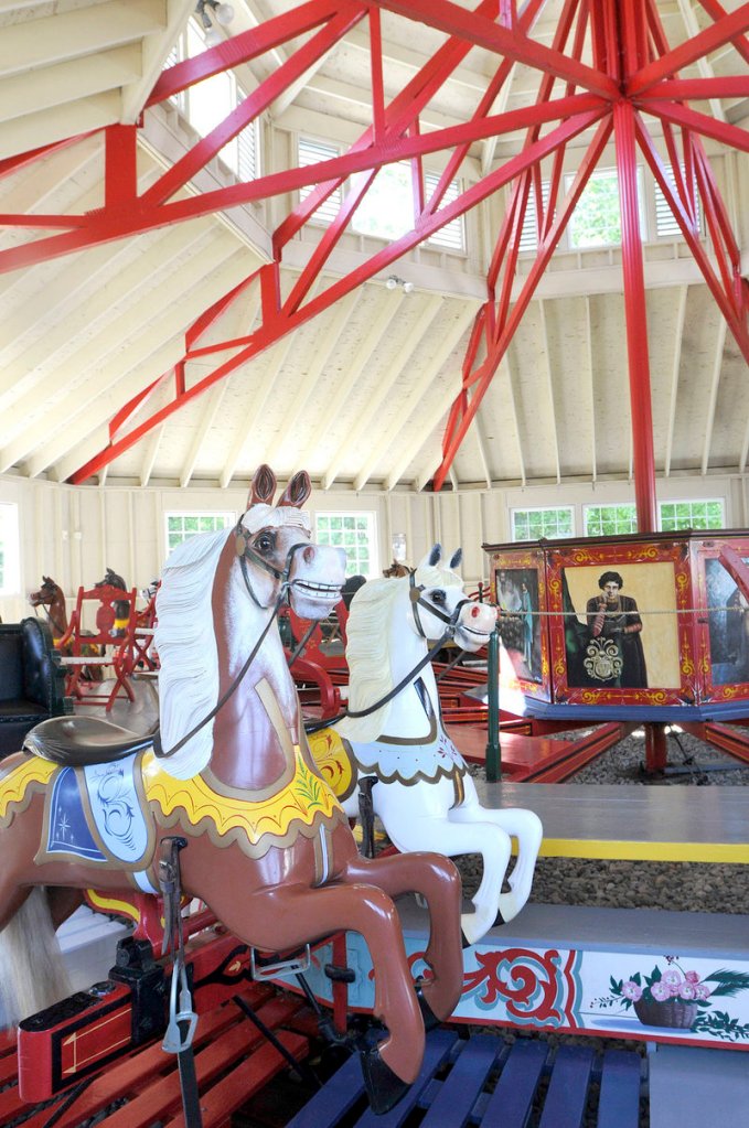 The 1894 Armitage Herschell Carousel at 19th Century Willowbrook Village has been fully restored. The tails on the horses are made of real horsehair.