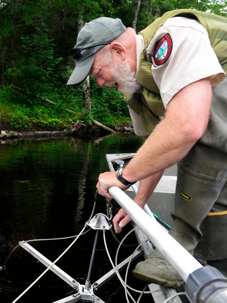 Inland Fisheries and Wildlife biologist Nels Kramer places electro-fishing equipment off the side of his boat and into Pushaw Stream.