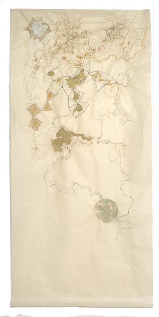 “Wall Puzzle #3,” graphite and ink wash on Japanese paper, by Alison Hildreth.