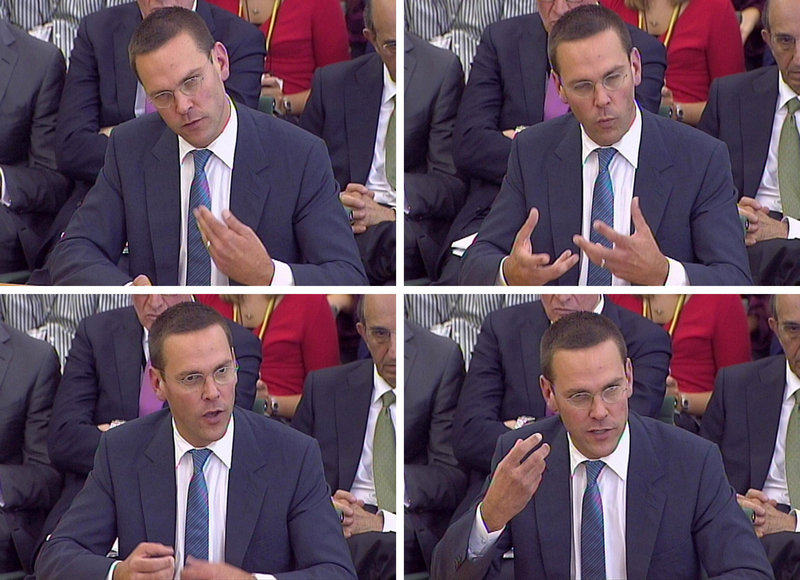 James Murdoch, son of media mogul Rupert Murdoch, gives testimony to lawmakers on the Culture, Media and Sport Select Committee in London on the News of the World phone-hacking scandal in this image taken from TV on Tuesday.