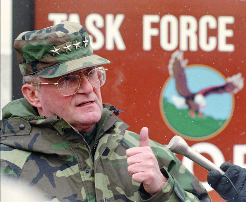 Gen. John Shalikashvili, then chairman of the Joint Chiefs of Staff, is shown at the Tuzla airbase, the U.S. military headquarters in northern Bosnia, in February 1996.