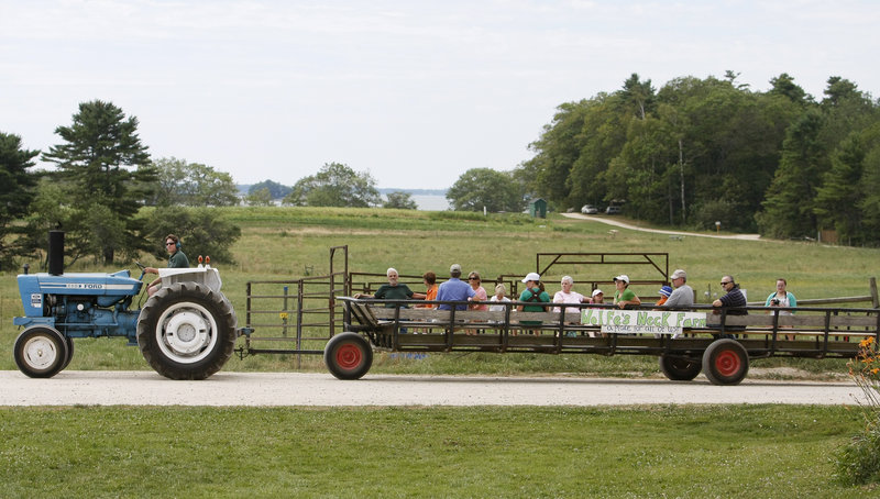 Eric Tadlock, director of education, gives wagon rides for visitors at Open Farm Day at Wolfe's Neck Farm in Freeport on Sunday. The Casco Bay coastline is among the sights to take in at the farm.