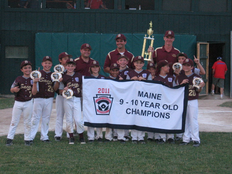 The Saco Little League All-Stars took a pair of key tournaments this summer, with a win in the District 4 tournament as well as a state championship. The win advances the team to the regional tournament in Providence, R.I. Pictured are Luke Chessie, front left, Ean Patry, Michael Bourgault (rear), Hunter Penley, Timmy Smith, Anthony Bracamonte, Andrew DeGeorge (rear), Zachary Ahmida, Eric McCallum (rear), Caleb LaCroix, Brogan Searle-Belanger and Matthew Duchaine (rear). In the back assistant coach James Searle-Belanger, assistant coach Ryan Chessie and Manager Todd Duchaine.