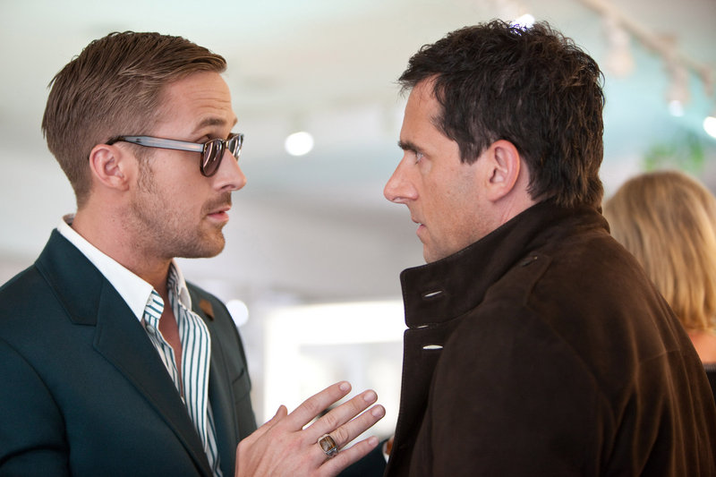 Ryan Gosling, left, as Jacob, shows a not-often-seen funny side while Steve Carell as Cal is, well, Steve Carell in Warner’s new comedy, “Crazy, Stupid, Love.”