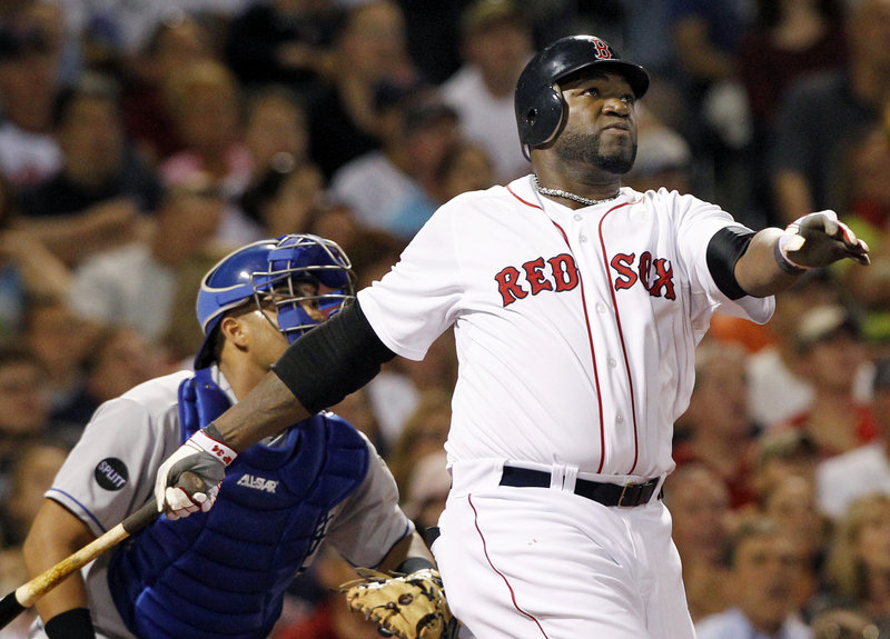 David Ortiz and Royals catcher Brayan Pena watch Ortiz’s drive head into the stands for a grand slam that capped a five-run fourth inning in Boston’s 12-5 win Wednesday night.