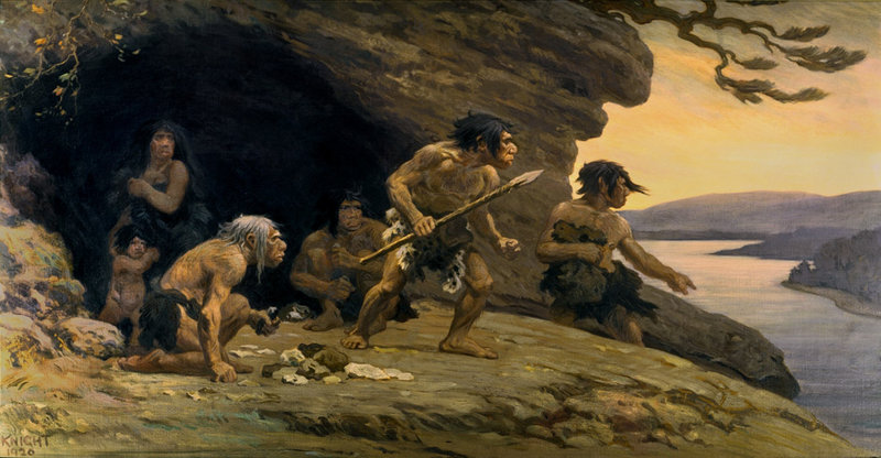 A mural from the American Museum of Natural History depicts Neanderthal life. Neanderthals may have been pushed out of shelters and hunting grounds by modern humans.