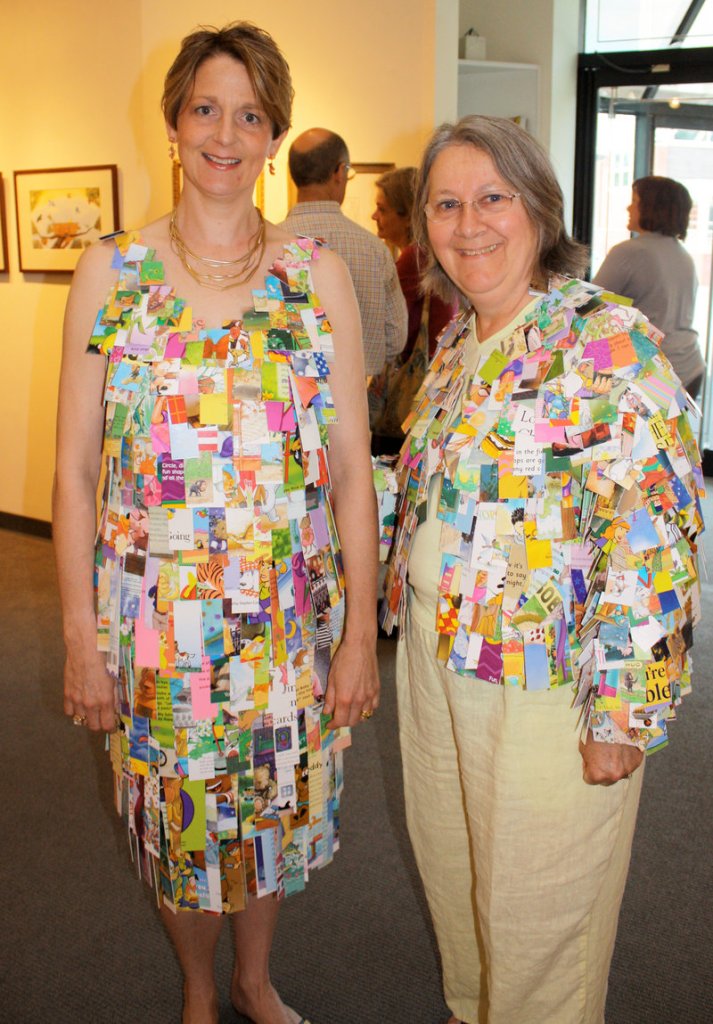 Fiber artists Priscilla Nicholson and Susan Perrine, who made the dress and jacket from children's books.