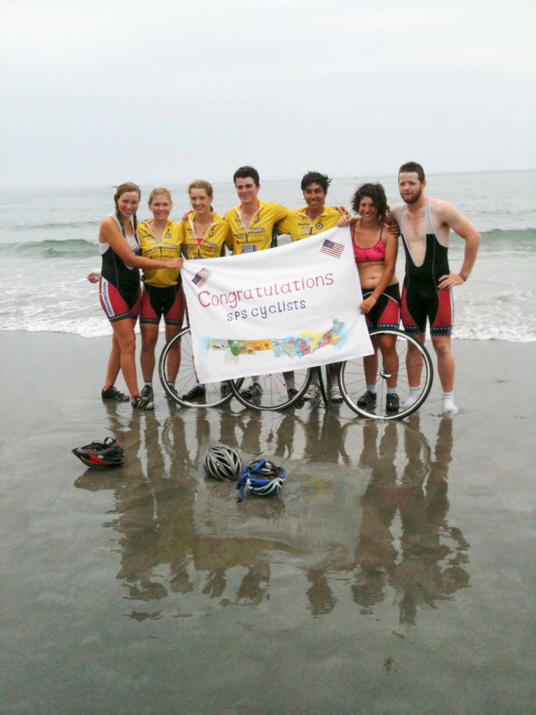 On Friday, seven St. Paul’s School students completed a 44-day bike trek from Washington state to York Harbor Beach, raising money for and awareness of Ride 2 Recovery. From left are Lia Keyser, Anna Richardson, Brittany Marien, Tucker Burleigh, Luke Norena and two Mainers: Anna Hymanson of York and Aaron Weiss of Rockland.