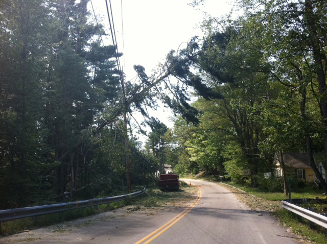 A blown-down tree hangs precariously over Route 114 in Sebago.