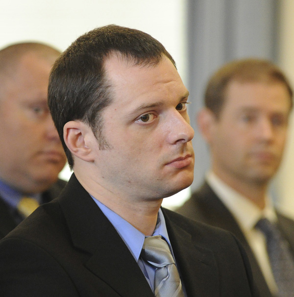 Jason Twardus listens as he is sentenced to 38 years in prison in York County Superior Court in Alfred today.