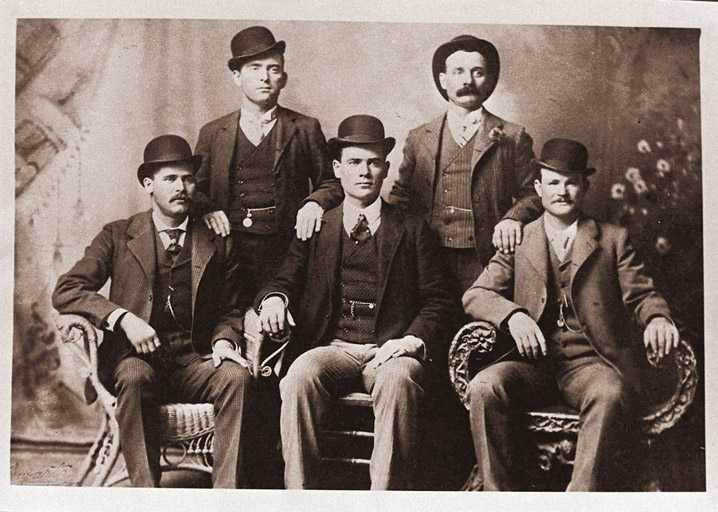 This image provided by the Nevada Historical Society shows the famous group portrait taken in Fort Worth, Texas, shortly after Butch Cassidy and his gang robbed the Einnemucca, Nev., bank in 1900. They sent the photo to the bank with a thank-you note. Shown are Bill Carver, top left, the Sundance Kid, bottom left, and Butch Cassidy, bottom right. The other two members of the gang are not identified.