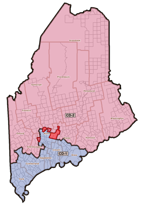 Democrats proposed a revised redistricting plan today that moves the towns of Albion, China, Oakland, Rome, Unity Township, Vassalboro and Wayne – comprising 19,171 people – from District 1 into District 2. Those towns are shaded red on the map.