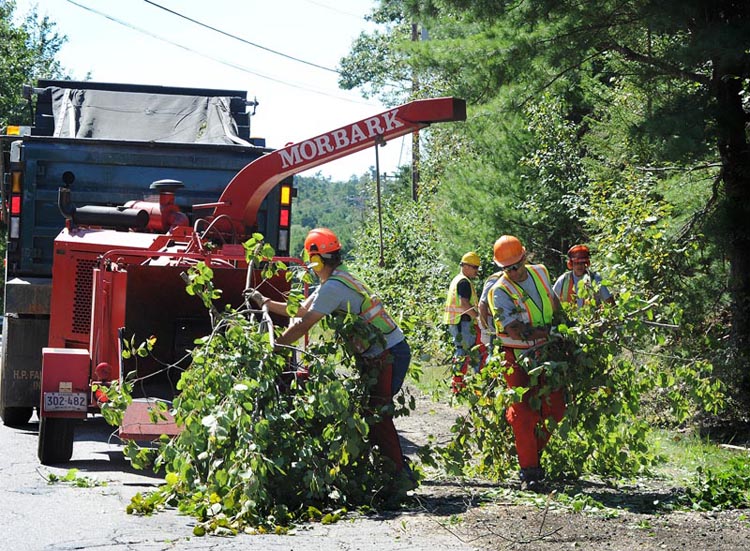 A Freeport Department of Public Works crew cleans up branches downed by Tropical Storm Irene on Flying Point Road today.