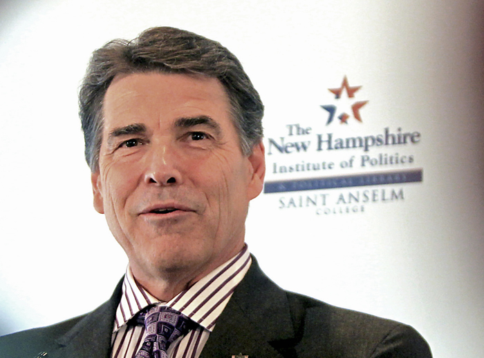 Republican presidential candidate and Texas Gov. Rick Perry speaks in Bedford, N.H., today.