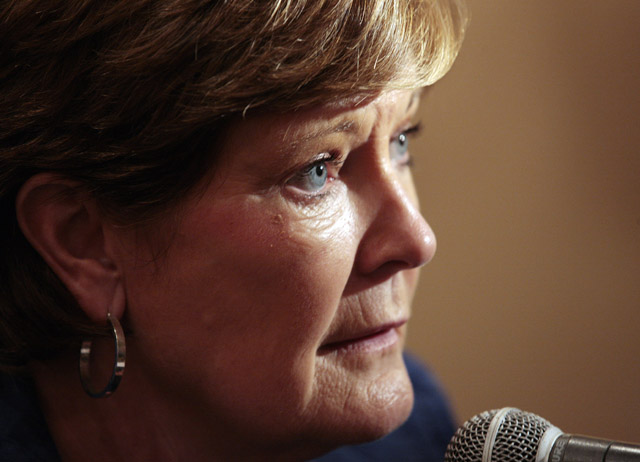 Tennessee women's basketball head coach Pat Summitt talking with reporters in a 2010 photo.
