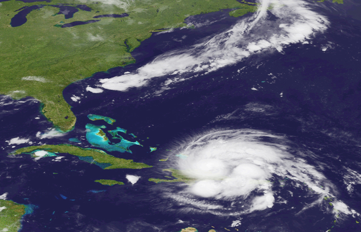 An image released by NOAA shows Hurricane Irene today as it passes over Puerto Rico and the Dominican Republic. The storm is on a track that could see it reach the U.S. Southeast as a major storm by the end of the week.