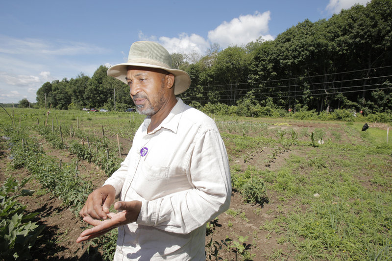 Dawud Ummah, president of the Center for African Heritage, explains how the Tidewater Farm project works. Immigrant and refugee families who grow food here, for themselves and sometimes for others, may graduate to larger farm plots somewhere else in southern Maine.