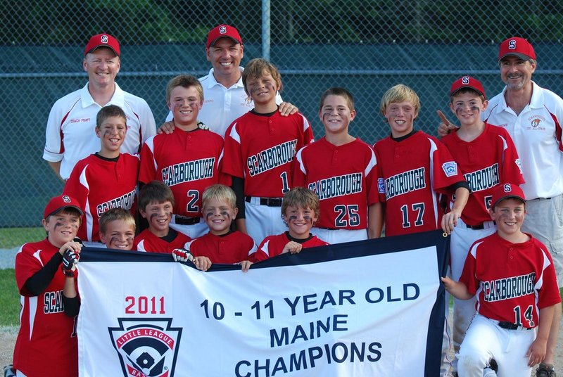 Scarborough Little League won the state championship for 10- and 11-year-olds with an 11-1 victory over Dirigo in the championship game on July 27 in Lincolnville. Team members, from left to right: Front – Justin Tanguay, Morgan Pratt, Alex Dobecki, Glade Fredenburg, Nick Anderson and Nate Gehrke; Middle – Ogden Timpson, Jared Brooks, Zoltan Panyi, Owen Garrard, Connor Kelly and Andrew Goodwin; Back – Manager Neal Pratt, Coach Adam Brooks and Coach Keith Goodwin.