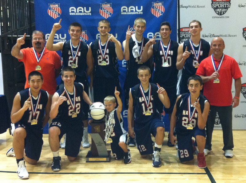 Members of MBNation, which won an AAU basketball national title: front row, left to right – Cam Chea, Harry Rafferty, Reese Woodbury, Dustin Cole, Spencer Ruda; back row, left to right – Coach Kevin Griffeth, Vukasin Vignjevic, Chris Braley, Alex Furness, Will Defanti, James Kapothanasis, Coach Mike Woodbury.