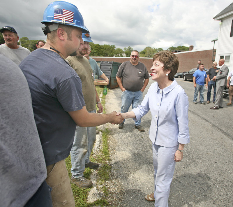 U.S. Sen. Susan Collins meets Wednesday with Bath Iron Works employees. A deal to build two more Zumwalt destroyers at BIW should keep the work force stable for a few years if the funding survives Pentagon budget cuts.