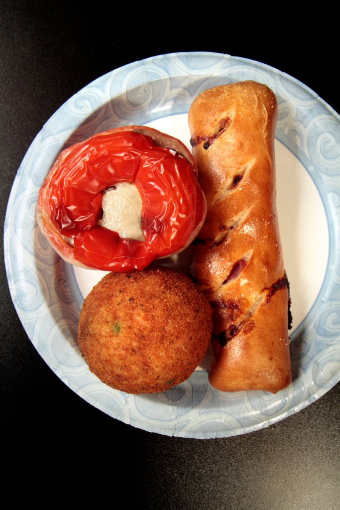 A calzone, stuffed pepper and spinach arancini from Exchange St. Cafe.