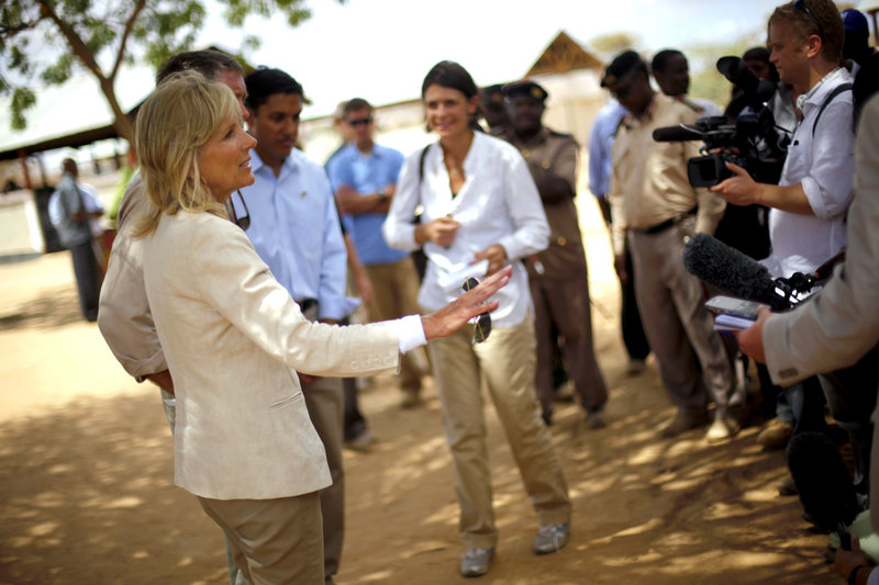 Jill Biden, wife of U.S. Vice President Joe Biden, briefs reporters after her visit with Somali refugees at a screening center on the outskirts of Ifo camp. “There is hope if people start to pay attention to this,” she said.