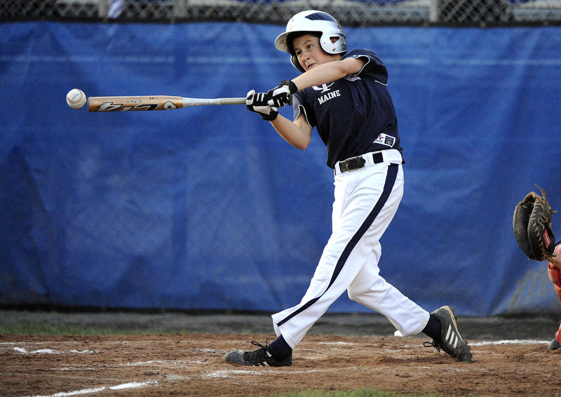 Bobby Murray of Maine state champion Yarmouth (1-2) makes contact with the ball during Connecticut’s 10-1 win Monday night at the Little League New England Regional at Breen Field in Bristol, Conn.