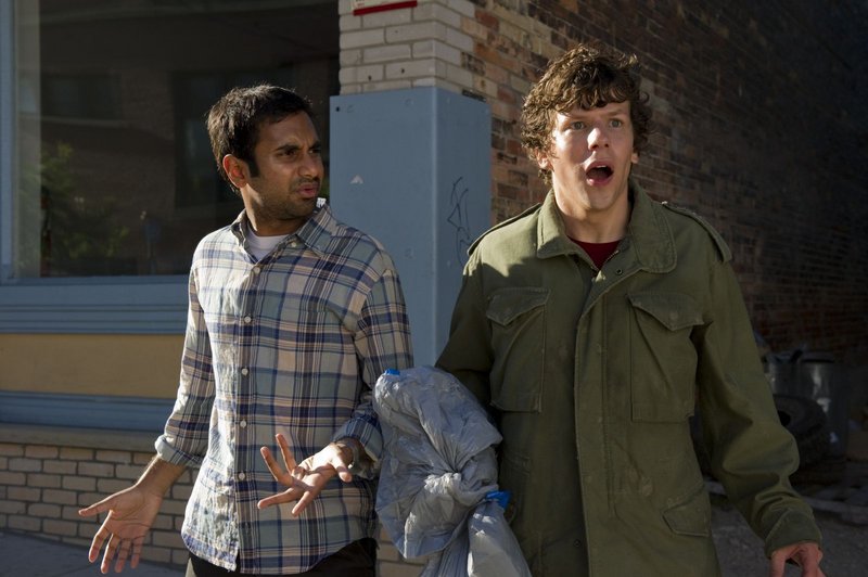 Aziz Ansari, left, and Jesse Eisenberg in "30 Minutes or Less," an action-comedy in which Eisenberg is thrust into an attempted bank heist.