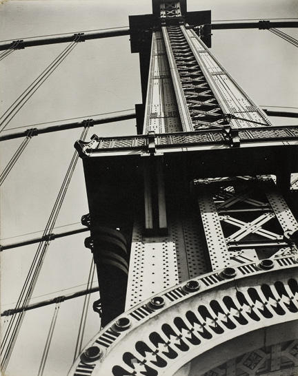 Berenice Abbott s Manhattan Bridge Looking Up, 1936, gelatin silver print.