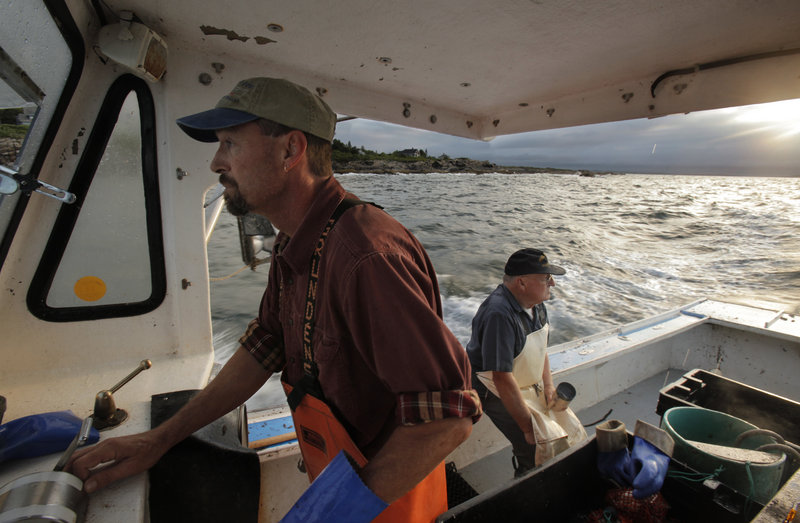 Charlie Gray pilots the boat while his father, Howard, rests on the gunwale as the longtime lobstermen check their traps off the coast of Prouts Neck in Scarborough last week.