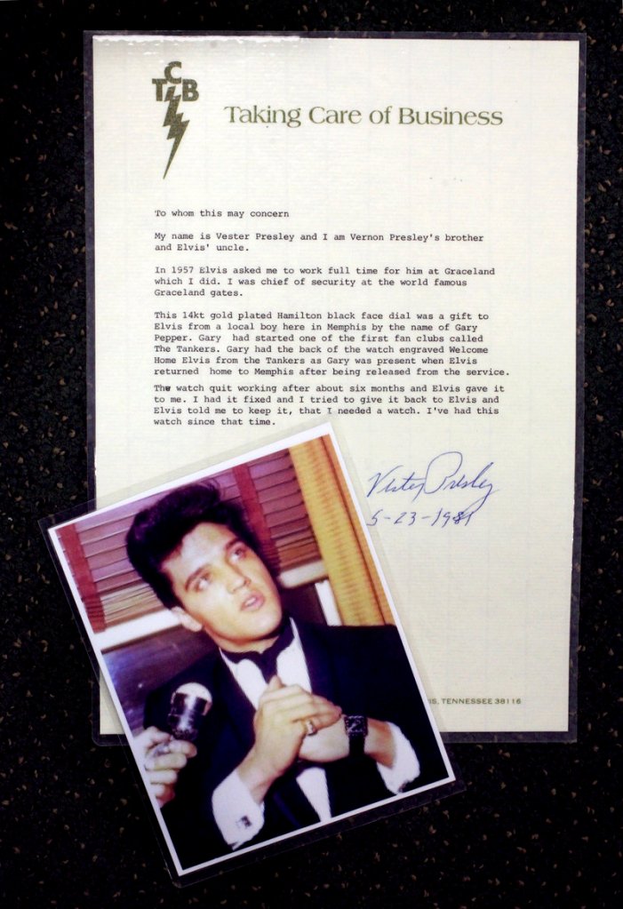 A letter signed by Vester Presley, Elvis’ uncle, attests to the authenticity of the watch being sold at Windham Jewelers.