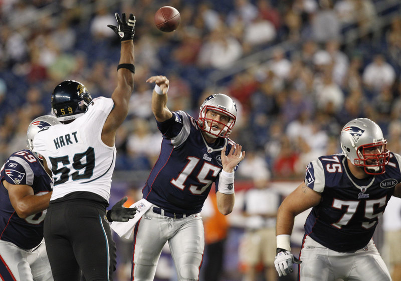 Rookie quarterback Ryan Mallett attempts a pass against Jacksonville in the Patriots’ exhibition opener Thursday night in Foxborough, Mass. Mallett and third-year QB Brian Hoyer split time, competing to be Tom Brady’s backup.