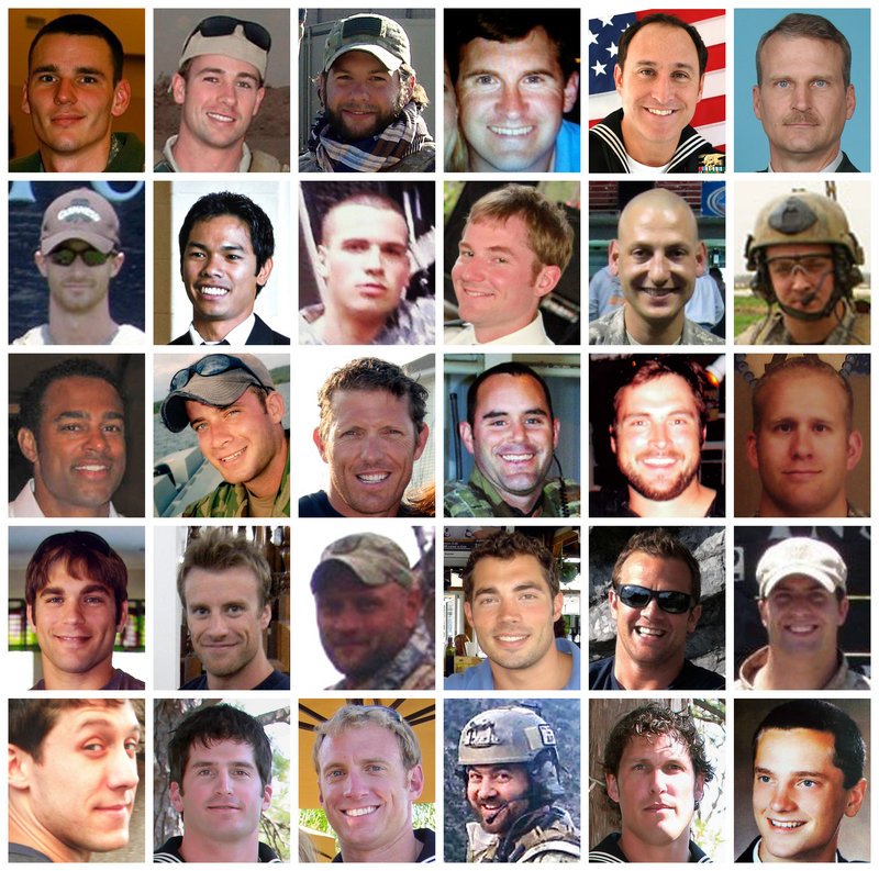 These photos show the 30 troops killed in the downing of a helicopter in Afghanistan last Saturday. First row: CWO Sgt. Alexander J. Bennett, Petty Officer 1st Class Darrik C. Benson, Chief Petty Officer Brian R. Bill, Tech. Sgt. John W. Brown, Petty Off. 1st Cl. Christopher Campbell, Chief Warrant Officer David R. Carter; second row: Petty Officer 1st Class Jared W. Day, Petty Off. 1st Class John Douangdara, Spc. Spencer C. Duncan, Chief Petty Officer John W. Faas, Sgt. Patrick D. Hamburger, Staff Sgt. Andrew W. Harvell; third row: Chief Petty Officer Kevin A. Houston, Lt. Cmdr., SEAL, Jonas B. Kelsall, Mstr. Chief Petty Off. Louis J. Langlais, Chief Petty Officer Matthew D. Mason, Chief Petty Officer Stephen M. Mills, Chief Warrant Officer Bryan J. Nichols; fourth row: Chief Petty Officer Nicholas H. Null, Petty Off. 1st Class Jesse D. Pittman, Mstr. Chief Petty Officer Thomas A. Ratzlaff, Chief Petty Officer Robert J. Reeves, Chief Petty Officer Heath M. Robinson, Petty Officer 2nd Class Nicholas P. Spehar; fifth row: Petty Officer 1st Class Michael Strange, Petty Officer 1st Class Jon T. Tumilson, Petty Officer 1st Class Aaron C. Vaughn Sr., Chief Petty Officer Kraig M. Vickers, Petty Officer 1st Class Jason R. Workman, Tech. Sgt. Daniel L. Zerbe
