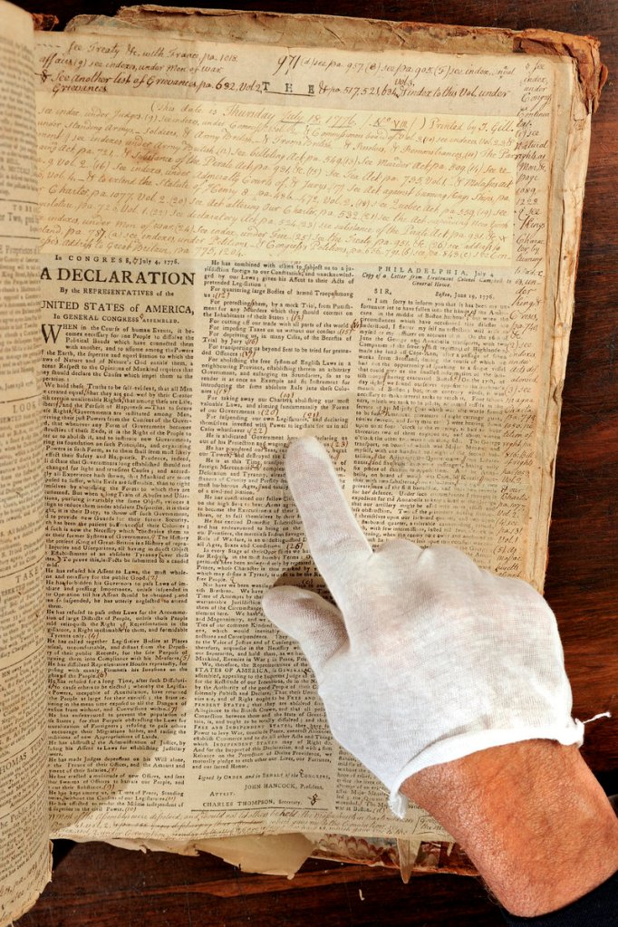 Boston shopkeeper Harbottle Dorr's newspapers include a July 18, 1776, copy of the Boston Gazette, which reprinted the entire Declaration of Independence on its front page. It will be among 3,280 pages of newspapers-turned-diaries that will be auctioned Aug. 25 in Fairfield.