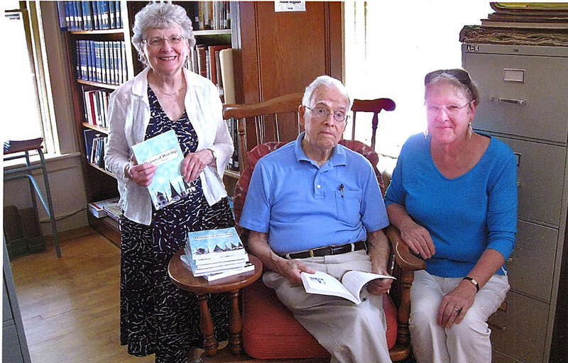 Contributors to the "Houses of Worship" book include, from left, Helena Gannon and Roy Fairfield, both editors, and Anne Dobson, president of Saco Area Historical Society.