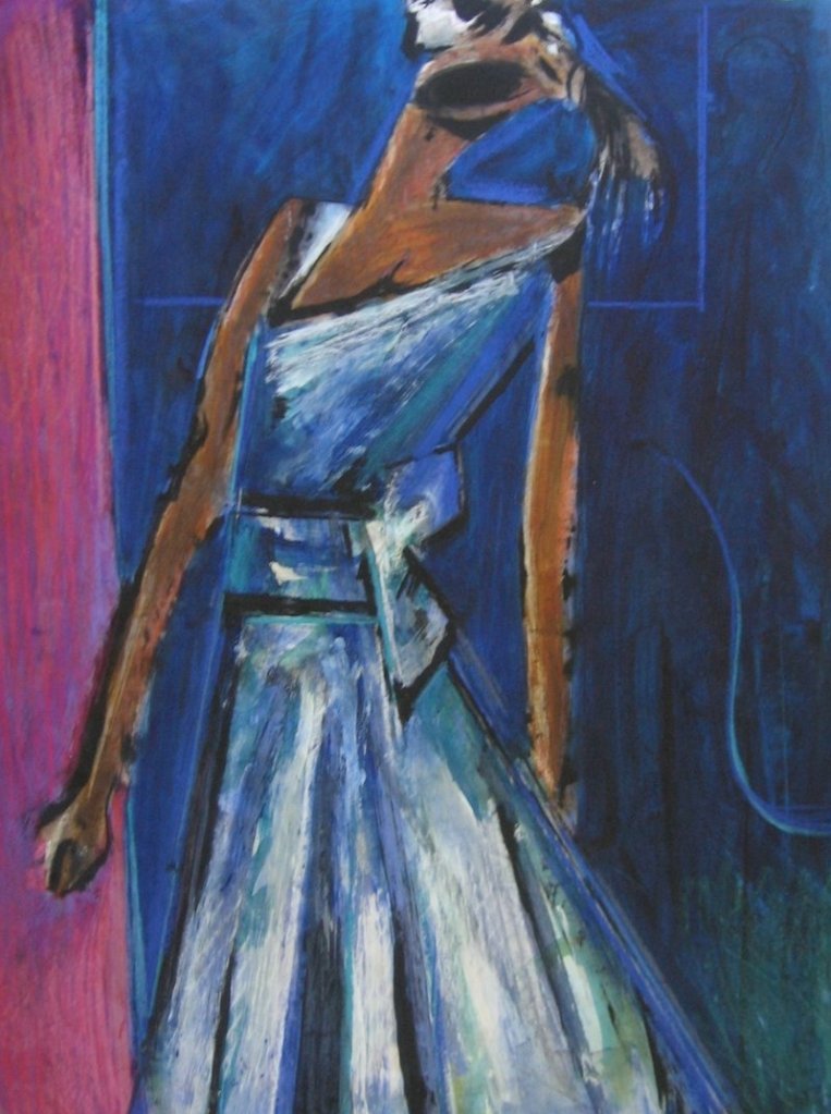 John Vander's "Lady in Satin," mixed media on paper, from his jazz-themed exhibition continuing through Aug. 31 at Gold/Smith Gallery in Boothbay Harbor.