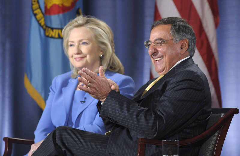 Secretary of State Hillary Rodham Clinton and Defense Secretary Leon Panetta talk with the audience Tuesday at National Defense University.