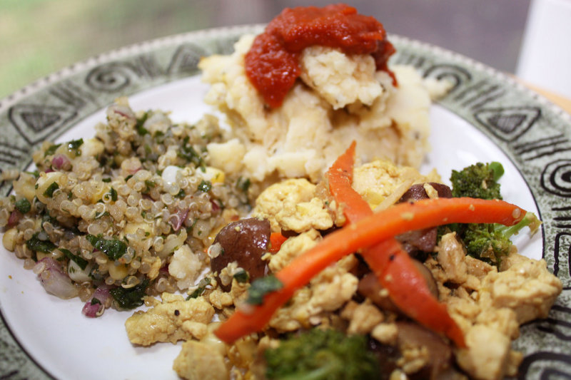 Macrobiotic dishes include quinoa salad, tofu scramble, and mashed millet and cauliflower with sun-dried tomato catsup.