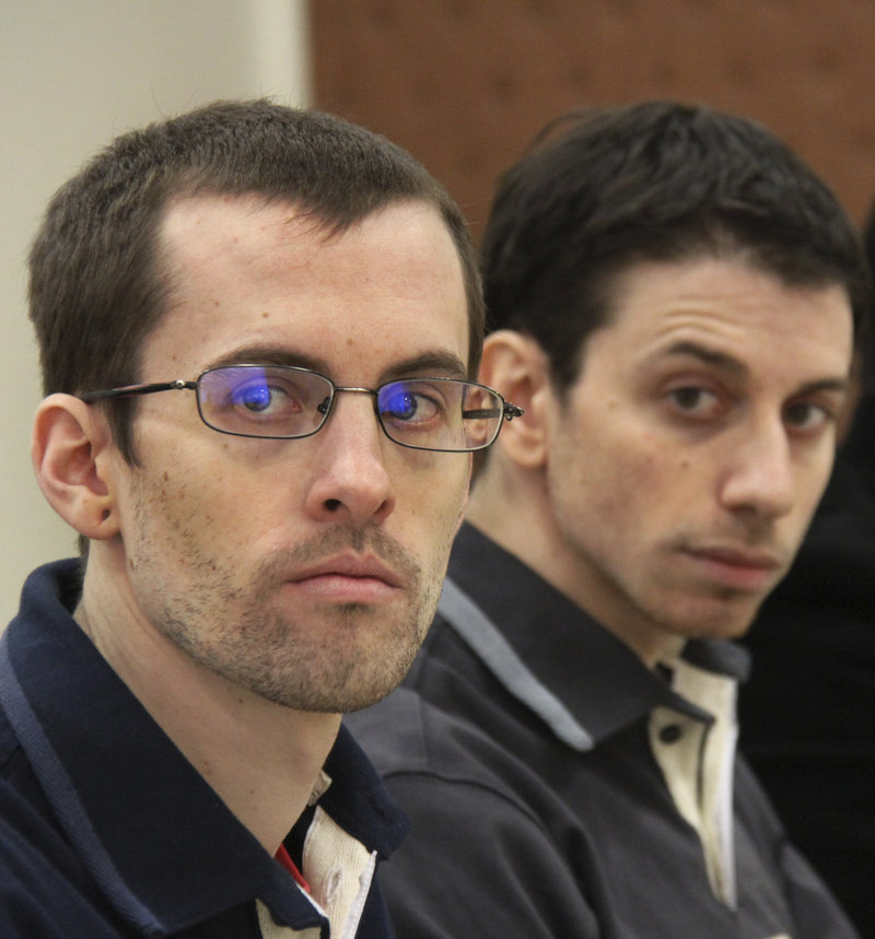 Shane Bauer, left, and Josh Fattal attend their trial in Tehran in February. The men say they mistakenly crossed into Iran during an outing in 2009. A third American hiker was released last year.