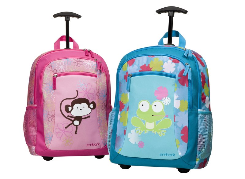 Kids Embark Pet Pals rolling backpacks sell for $22.99 at Target. Some schools, however, don’t allow students to use packs on wheels.