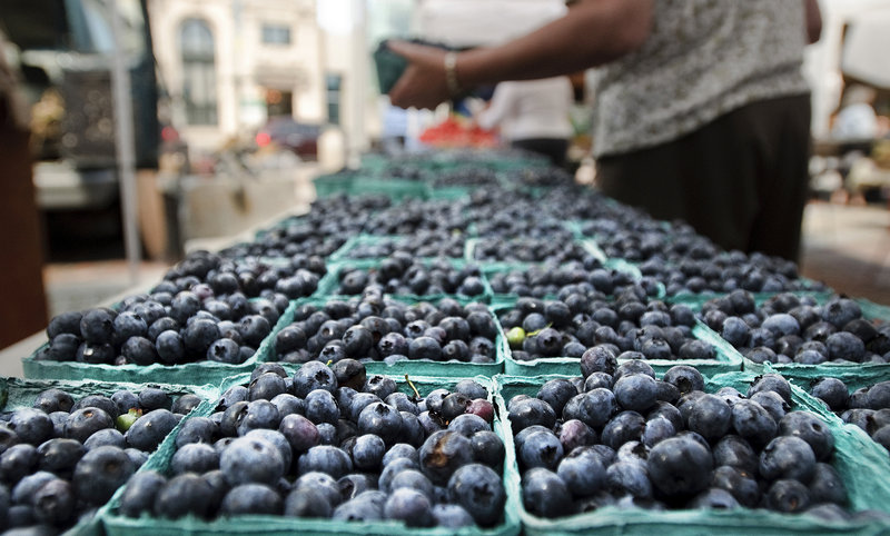 A shopper selects blueberries last week at the farmers market in Portland’s Monument Square, one of three markets in the city.