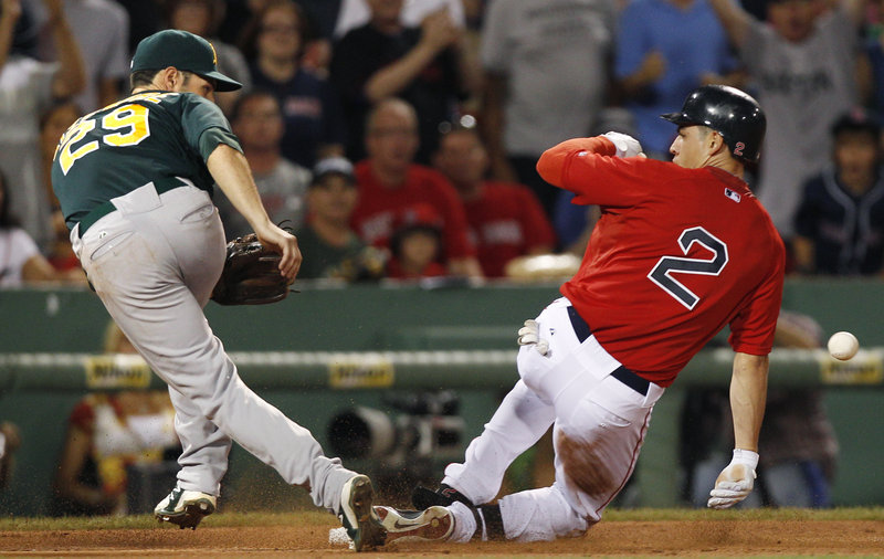 Oakland third baseman Scott Sizemore, left, prepares for a late throw as Boston’s Jacoby Ellsbury reaches on a triple in the fifth inning Friday night at Fenway Park. The Athletics hammered the Red Sox a night after losing 22-9 to the Yankees at Yankee Stadium.