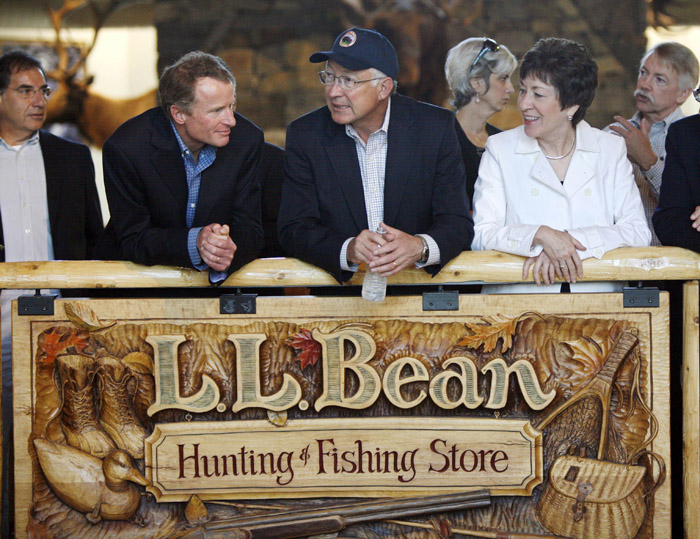 Interior Secretary Ken Salazar, center, and Sen. Susan Collins, R-Maine, right, visit L.L. Bean in Freeport today.